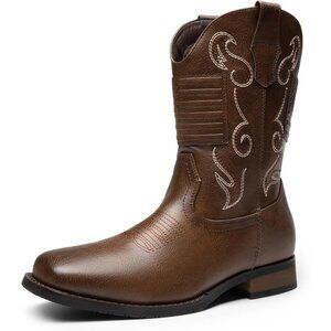 Bruno Marc Men Brown Round Toe Slip on Chunky Heel Waterproof Mid Calf Boots